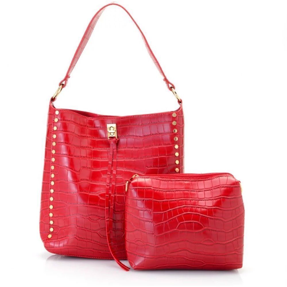 Kate & Mallory Red Studded Croc Embossed Faux Leather Shoulder Bag and Pouch